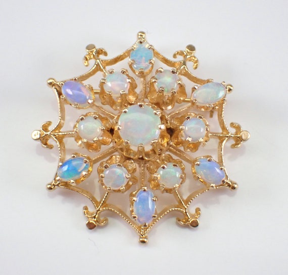 14K Yellow Gold Opal Brooch - Vintage Estate Cluster Pendant - Hexagon Shape Spider Web Design