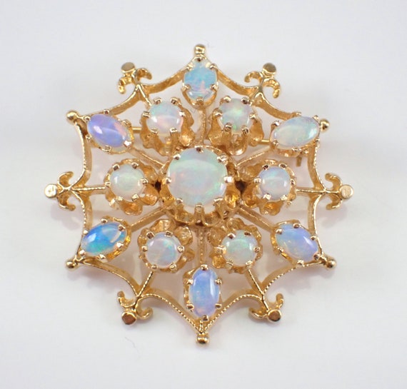 70s Vintage Opal Brooch - 14K Yellow Gold Cluster Pendant - Hexagon Shape Spider Web Design