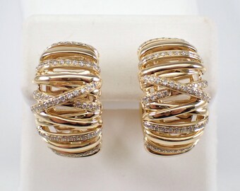 Diamond Hoop Earrings - 14K Yellow Gold Huggies - Crossover Pleated Wire Mesh - GalaxyGems Fine Jewelry Gift