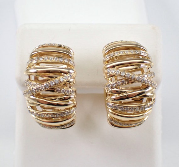 Diamond Hoop Earrings - 14K Yellow Gold Huggies - Crossover Pleated Wire Mesh - GalaxyGems Fine Jewelry Gift