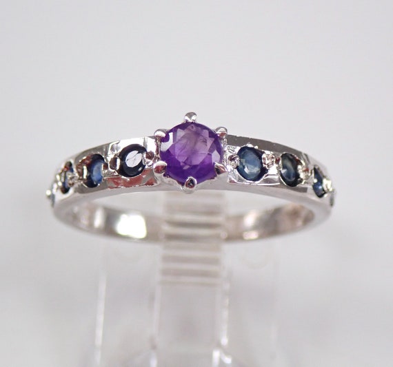 Vintage Amethyst and Sapphire Ring, 14K White Gold Gemstone Engagement Ring, Estate Fine Jewelry Gift for Women