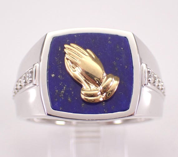 Mens Diamond and Lapis Lazuli Praying Hands Ring - White and Yellow Gold Religious Pinky Band