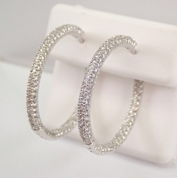 Pave Set Diamond Hoop Earrings - 14K White Gold Inside and Out Hoops - Galaxygems Fine Jewelry