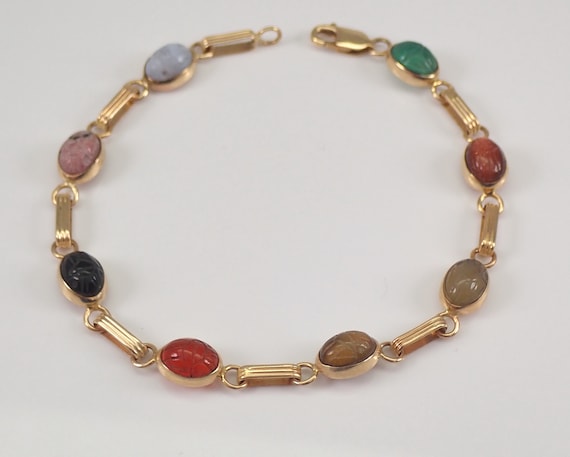 Vintage 14K Yellow Gold Scarab Bracelet - Genuine Carved Gemstones - Tigers Eye Carnelian Goldstone Gems