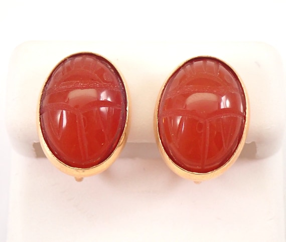 Vintage 14K Yellow Gold Carnelian Scarab Beetle Stud Earrings Screw Back Clips Antique Non Pierced
