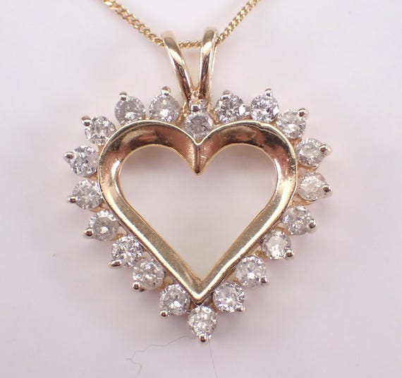 14K Yellow Gold Diamond Heart Pendant - Large Open Charm Necklace - Unique Wedding Jewelry Gift