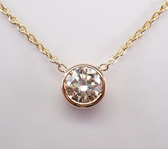 14K Yellow Gold Diamond Solitaire Pendant - Bezel Set Round Brilliant Choker Necklace and Chain - Bridal Fine Jewelry Promise Gift