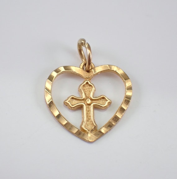 Vintage Heart and Cross Charm Pendant - 14K Yellow Gold Jewelry Gift for Bracelet or Necklace