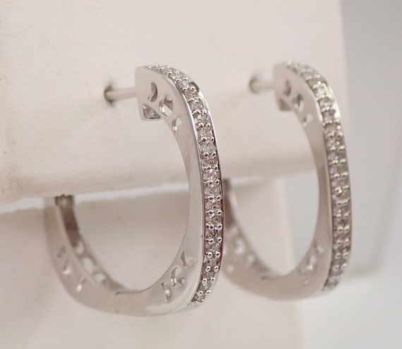 14K White Gold Diamond Hoop Earrings Square Moon Design Hoops Style