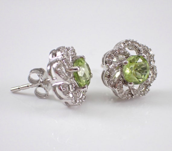 White Gold Peridot Stud Earrings, Diamond Halo Flower Studs, August Gemstone Birthday Fine Jewelry Gift