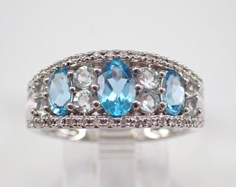 Blue Topaz and Diamond Ring - 14K White Gold Anniversary Band - Unique December Gemstone Fine Jewelry Gift