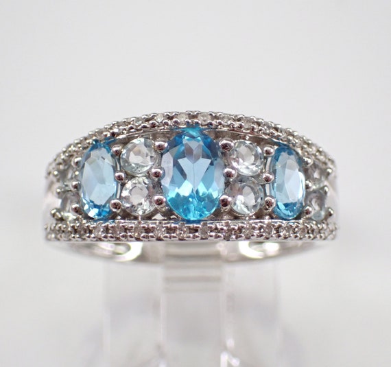 Blue Topaz and Diamond Ring - 14K White Gold Anniversary Band - Unique December Gemstone Fine Jewelry Gift