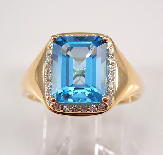 14K Yellow Gold Blue Topaz Engagement Ring - Rectangular Halo Diamond Setting - December Gemstone Fine Jewelry Gift