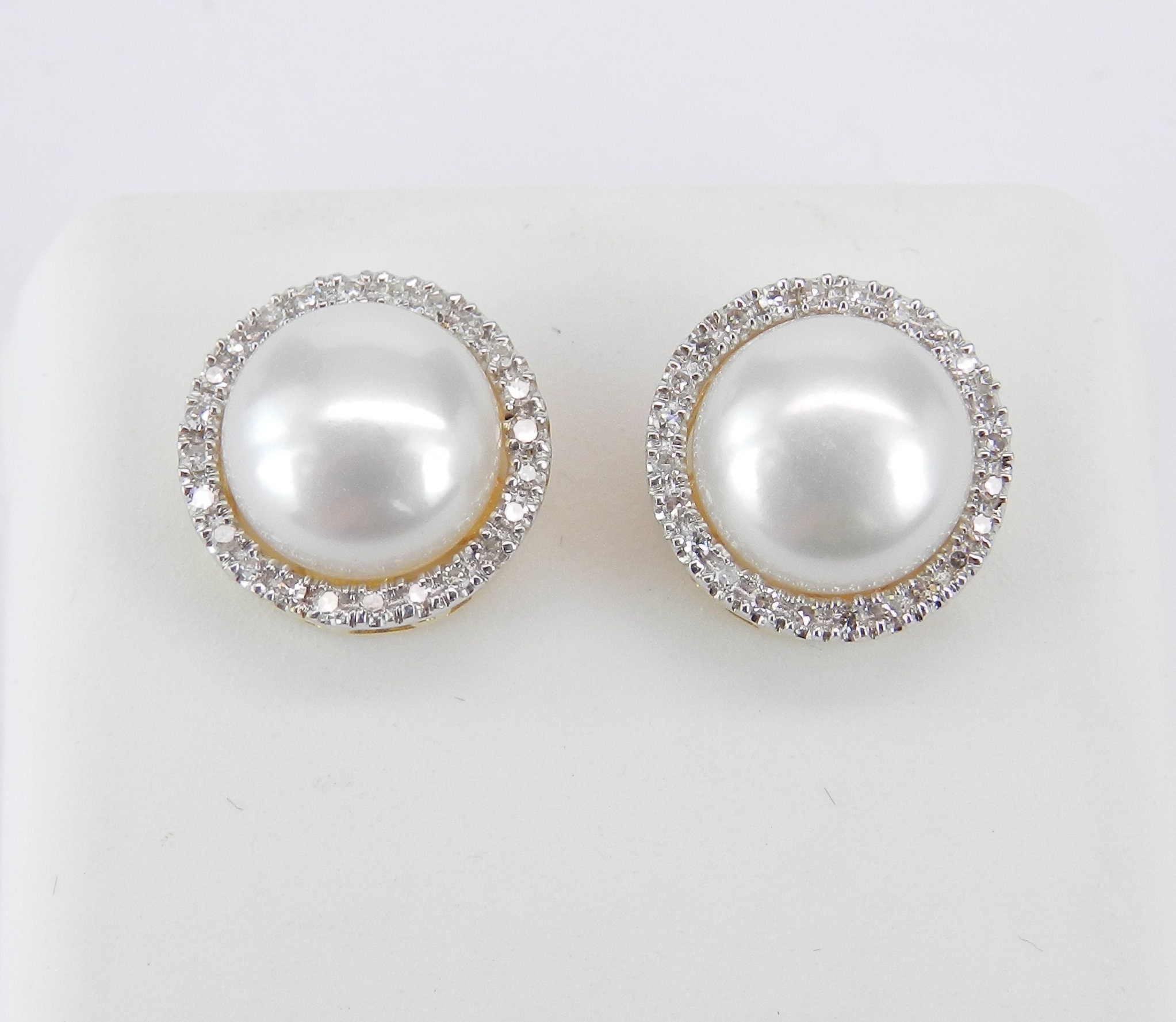 Pearl and Diamond Halo Stud Earrings 14K Yellow Gold June Birthstone ...