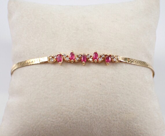 Vintage Ruby and Diamond Bracelet - 14K Yellow Gold Station Herringbone Link - Estate GalaxyGems Fine Jewelry