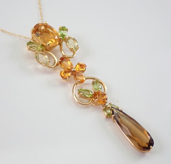 Genuine Gemstone Necklace - 14K Yellow Gold Large Pendant - Golden Beryl - Smokey Topaz - Peridot - Citrine