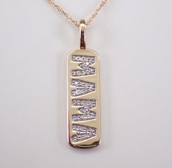 Yellow Gold Diamond MAMA Necklace, Engraved Dog Tag Name Charm Pendant and Chain, Station Choker Jewelry Gift