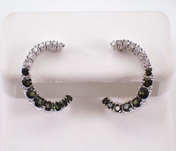 14K White Gold Crescent Diamond Earrings, Green Tourmaline Climber Studs, Unique Circle Wraparound Modern Jewelry Gift