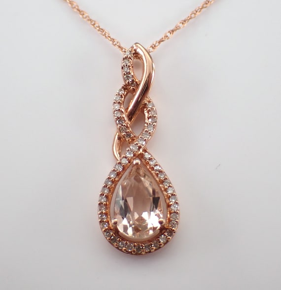 Morganite and Diamond Necklace - Rose Gold Teardrop Charm Pendant and Chain - Bridal Wedding Fine Jewelry Gift