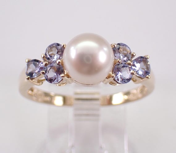 14K Yellow Gold Pearl and Tanzanite Ring - Vintage Estate Gemstone Engagement Setting - June and December Birthstone Jewelry Gift