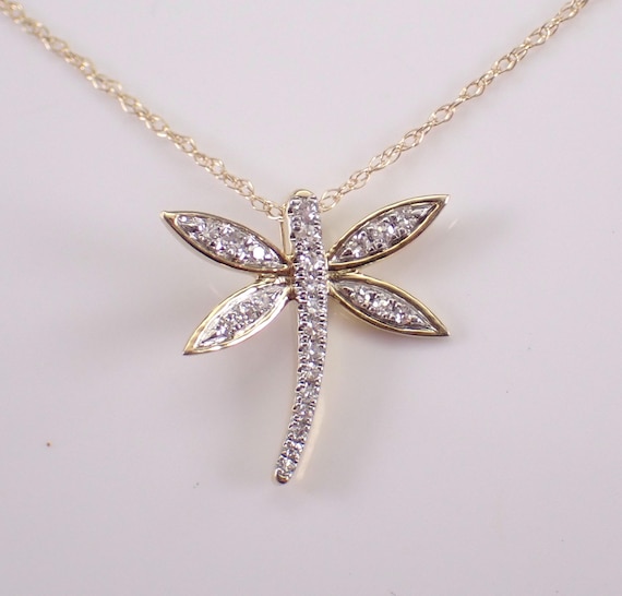 Diamond Dragonfly Pendant and Chain, Dainty Yellow Gold Charm Necklace