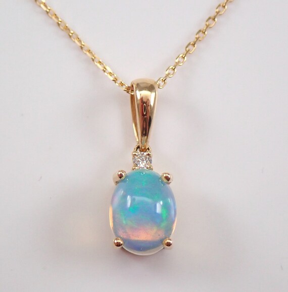 Opal and Diamond Station Necklace - Solid 14k Yellow Gold Pendant and Chain - Bezel Set By The Yard - October Gemstone Jewelry Gift