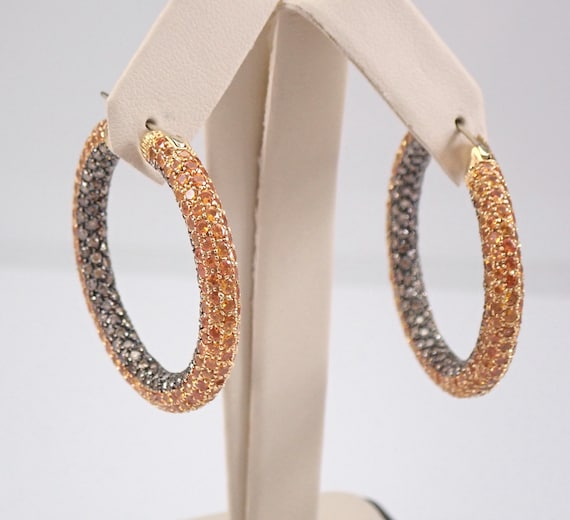 18K Yellow Gold Orange Sapphire Hoop Earrings - Colored Brown Diamond Large Hoops - Unique Domed Pave Set Chunky Jewelry