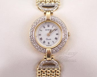 Vintage 18K Yellow Gold Geneve Diamond Watch - Estate Antique Wristwatch Jewelry Gift