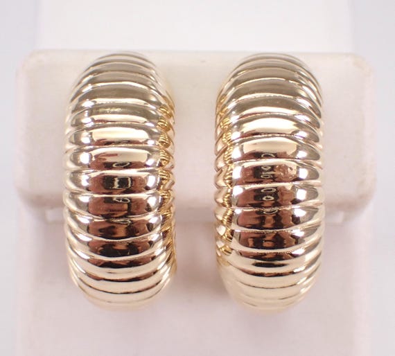 Vintage 14K Yellow Gold Earrings - Ribbed Half Hoop Huggies - Secure Omega Clip Clasps