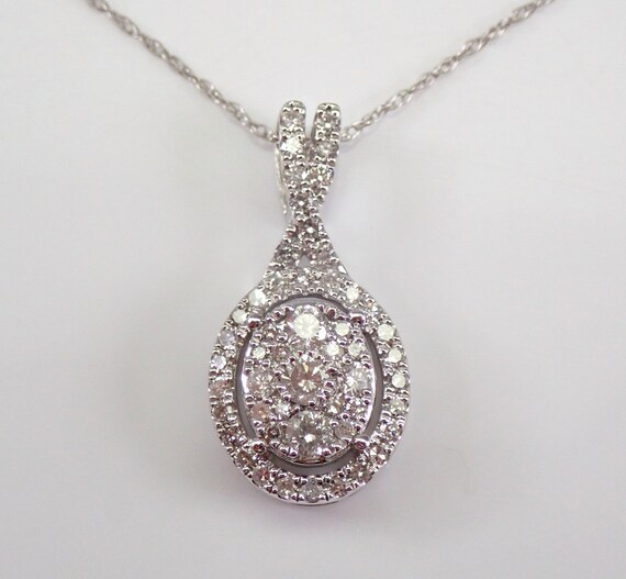 Oval Diamond Cluster Pendant, White Gold Diamond Halo Wedding Necklace Chain 17"