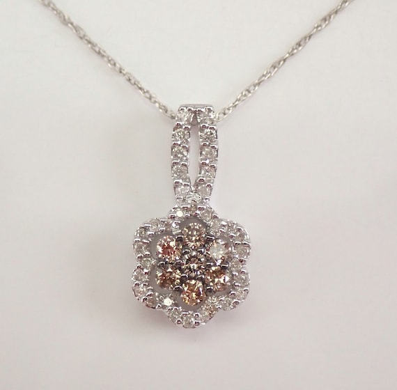 Cognac Diamond Flower Necklace in White Gold, Diamond Halo Cluster Necklace for Women 18" Chain LQPN20