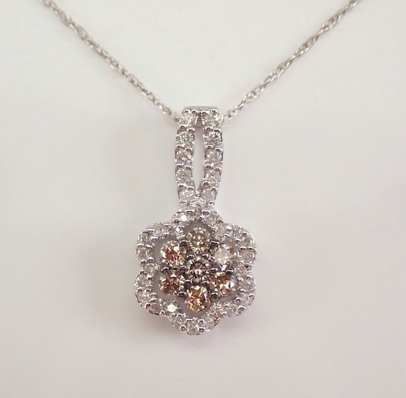 Brown Diamond Flower Pendant - White Gold Halo Cluster Necklace - Dainty Charm Colored Jewelry Gift