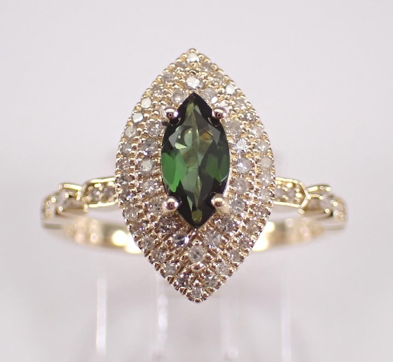 Yellow Gold Green Tourmaline and Diamond Engagement Ring: Dainty Halo Bridal Promise Gift