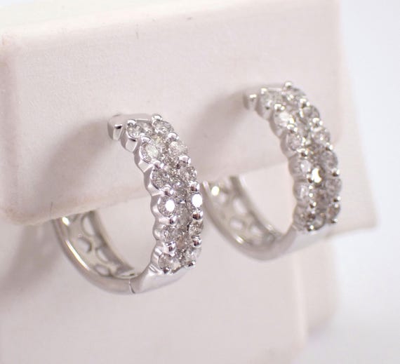 14K White Gold Diamond Hoop Earrings - Chunky Little Diamond Huggies - GalaxyGems Fine Jewelry Gift