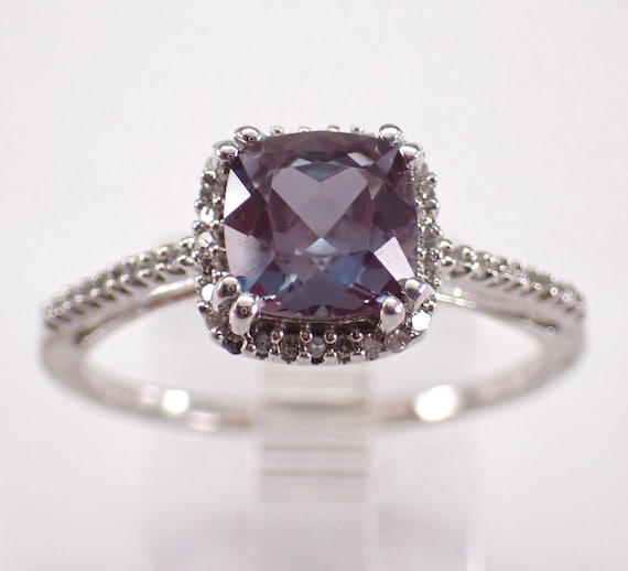 Alexandrite and Diamond Halo Ring - White Gold Gold Unique Bridal Jewelry - Purple Color Change Gemstone Gift