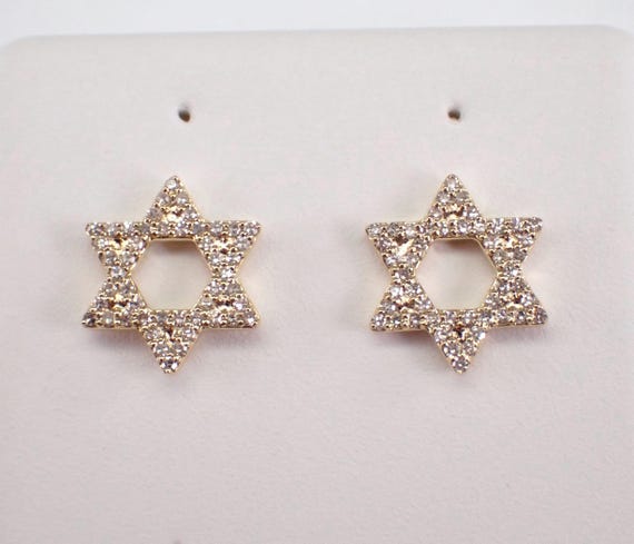 Diamond Star of David Stud Earrings - Yellow Gold Jewish Magen Studs - Secure Screw Back Fine Jewelry Gift
