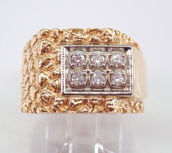 Mens Vintage Diamond Wedding Ring, Solid 14K Yellow Gold Anniversary Band, Estate Bridal Nugget Jewelry Gift