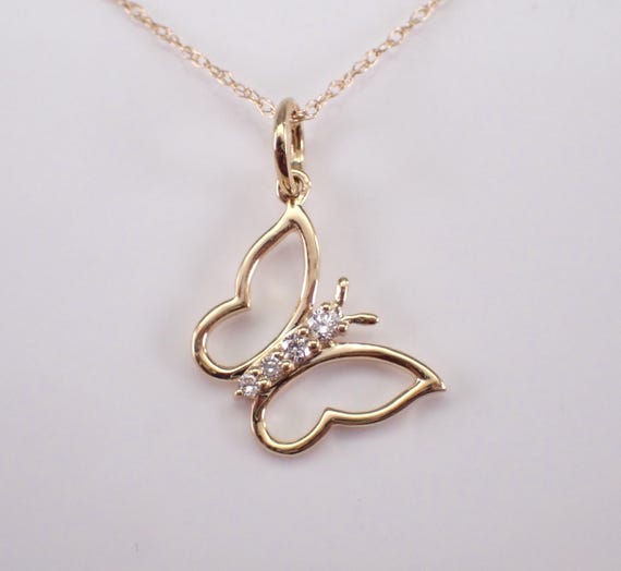 Yellow Gold Diamond Butterfly Necklace - Dainty Charm Pendant and Chain - Unique Floating Simple Jewelry Gift