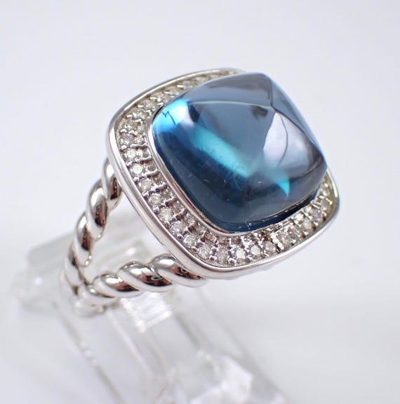 14K White Gold London Blue Topaz Ring - Pyramid Gemstone Engagement Setting - Diamond Halo Birthstone Jewelry Gift