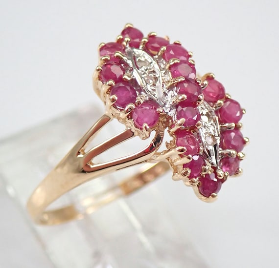 Vintage Ruby Cluster Cocktail Ring, Solid 10K Yel… - image 2