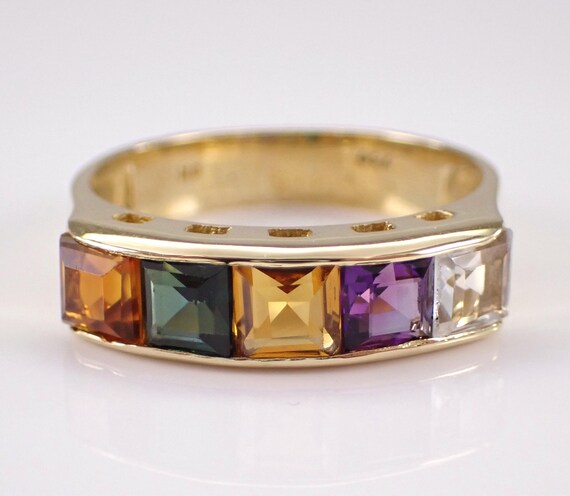18K Yellow Gold Multi Color Gemstone Ring: Vintage Amethyst Citrine Aquamarine Tourmaline Band