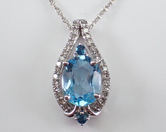 Blue Topaz and Diamond Pendant and Chain - White Gold Gemstone Necklace - December Birthstone Jewelry Gift