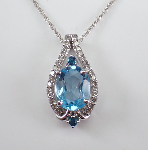 Blue Topaz and Diamond Pendant and Chain - White Gold Gemstone Necklace - December Birthstone Jewelry Gift