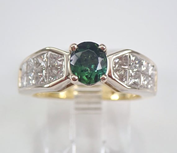Vintage Green Tourmaline Engagement Ring, Solid 18K Yellow Gold Princess Cut Diamond Setting