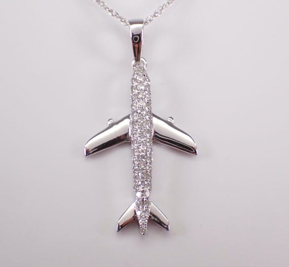 White Gold Diamond Airplane Pendant and Chain, Plane Jet Charm Necklace, Pilot Flying Jewelry Gift