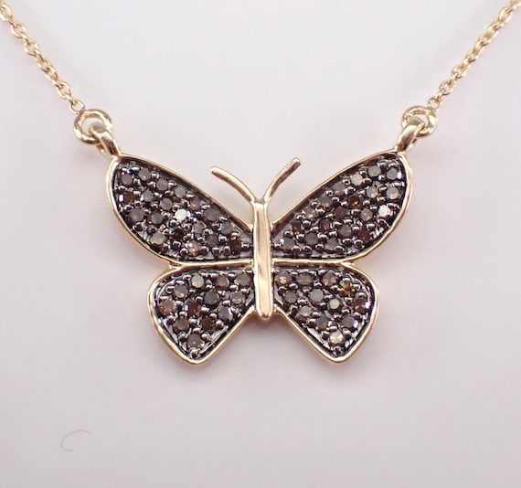 Black Diamond Butterfly Station Necklace - Yellow Gold Cluster Charm Pendant and Chain - Unique GalaxyGems Fine Jewelry Gift