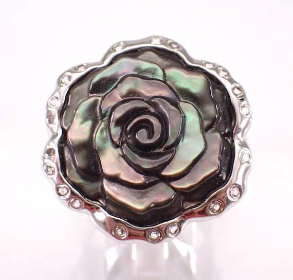 Vintage Sterling Silver Mother of Pearl Ring - Large Estate Gemstone Flower Band - Cubic Zirconia Halo Right Hand Jewelry