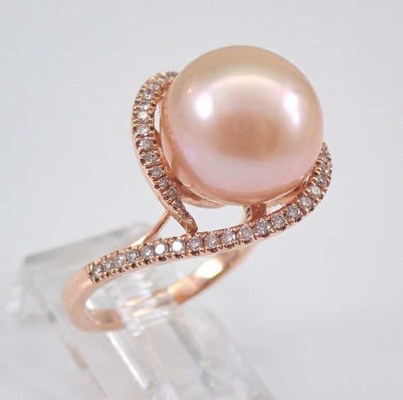 Pink South Sea Pearl and Diamond Engagement Ring - 14K Rose Gold Dainty Bridal Setting