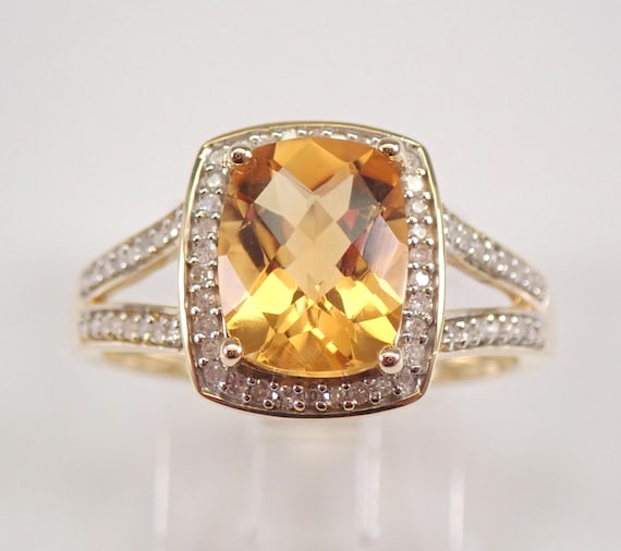 Yellow Gold Citrine Engagement Ring - Gemstone and Diamond Halo Setting - Unique Bridal Fine Jewelry Gift