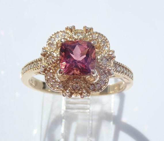 Cushion Cut Pink Tourmaline and Diamond Engagement Ring 14K Yellow Gold Size 7 Vintage Style